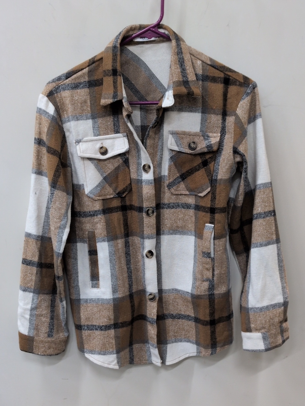 Girls Plaid Button-Down Shirt Jacket in Tan & White